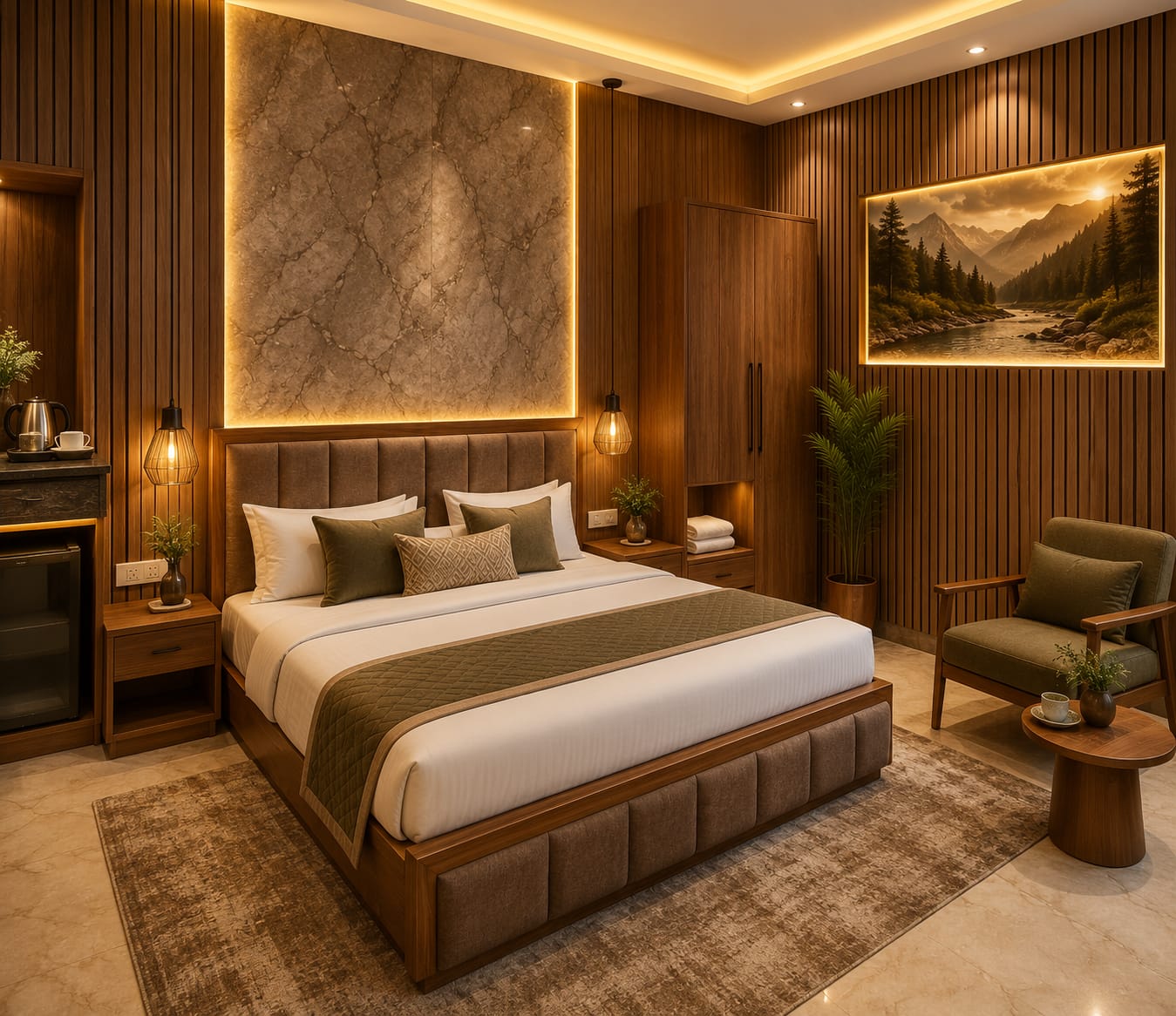 Master bedroom with marble headboard, wood panelling and warm lighting
