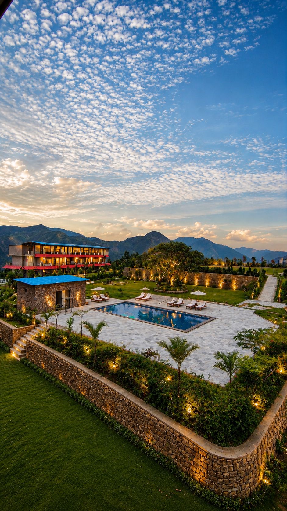 Aerial view of Osho Luxury Resort hilltop flats at sunrise in the Himalayas